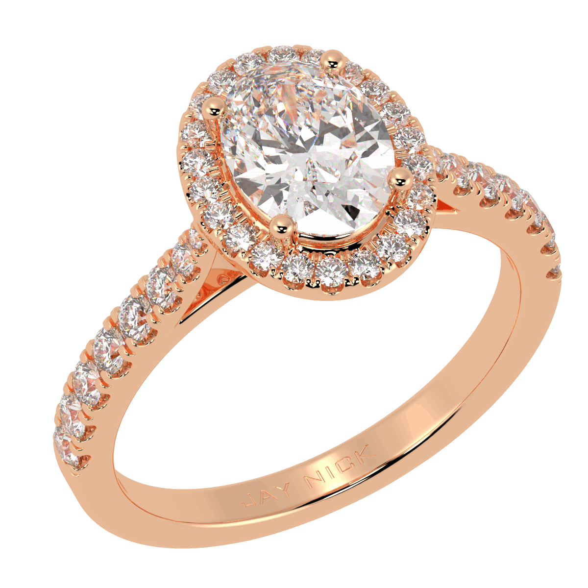 Classic Oval Cut Halo Ring in rose gold, perspective view