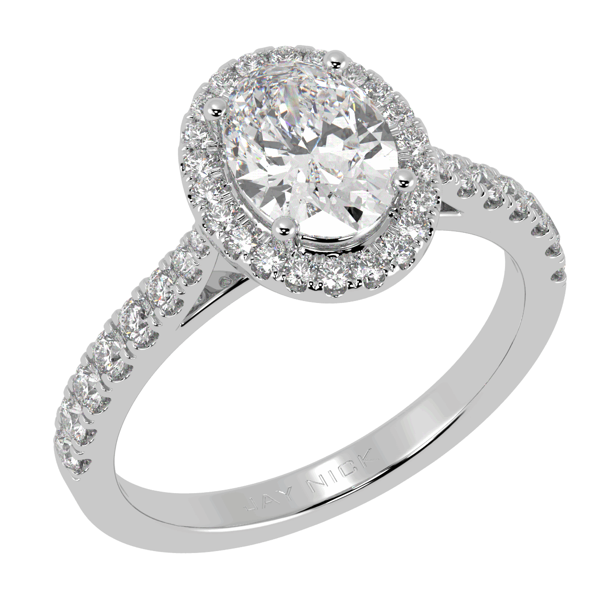 Classic Oval Cut Halo Ring in white gold or platinum, perspective view