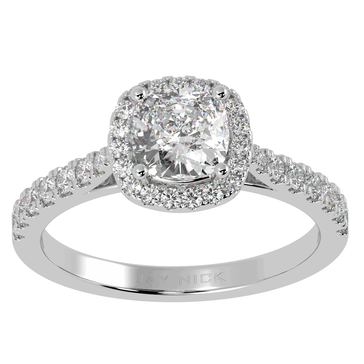 Classic Cushion Cut Halo Ring in white gold or platinum, top view