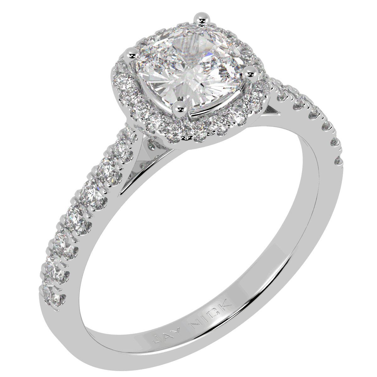 Classic Cushion Cut Halo Ring in white gold or platinum, perspective view