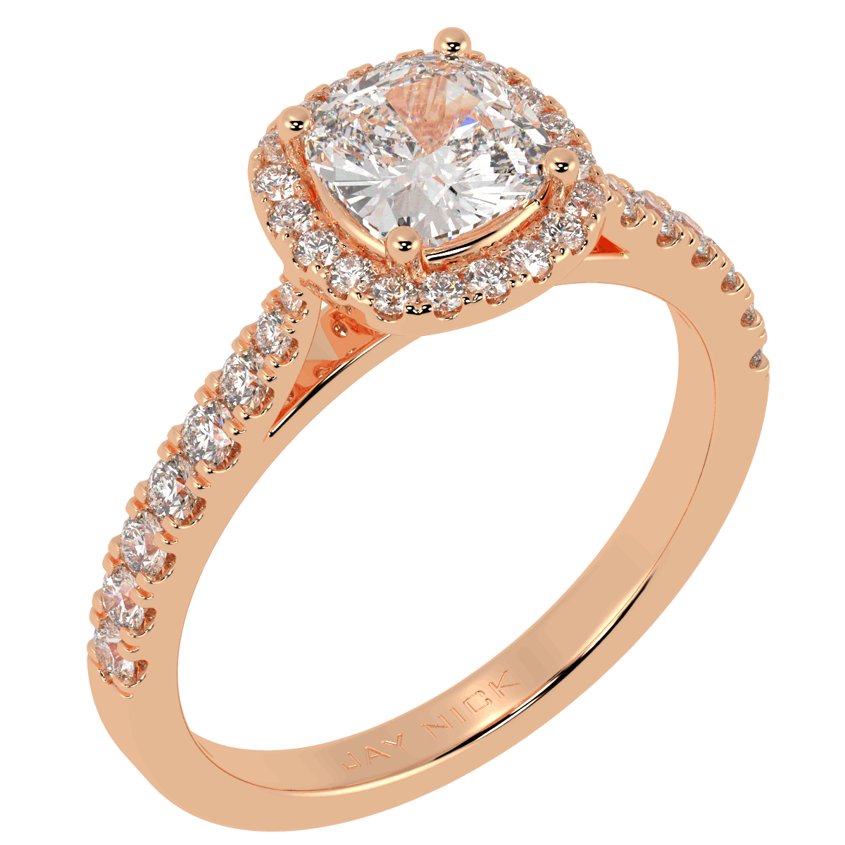 Classic Cushion Cut Halo Ring in rose gold, perspective view