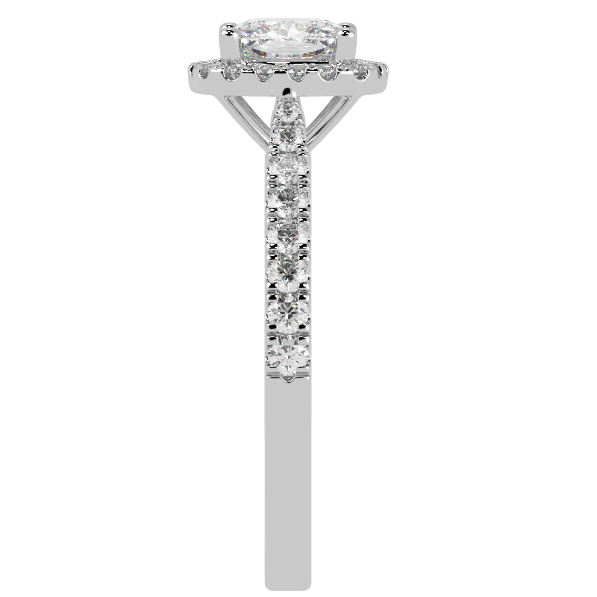 Classic Cushion Cut Halo Ring in white gold or platinum, side view