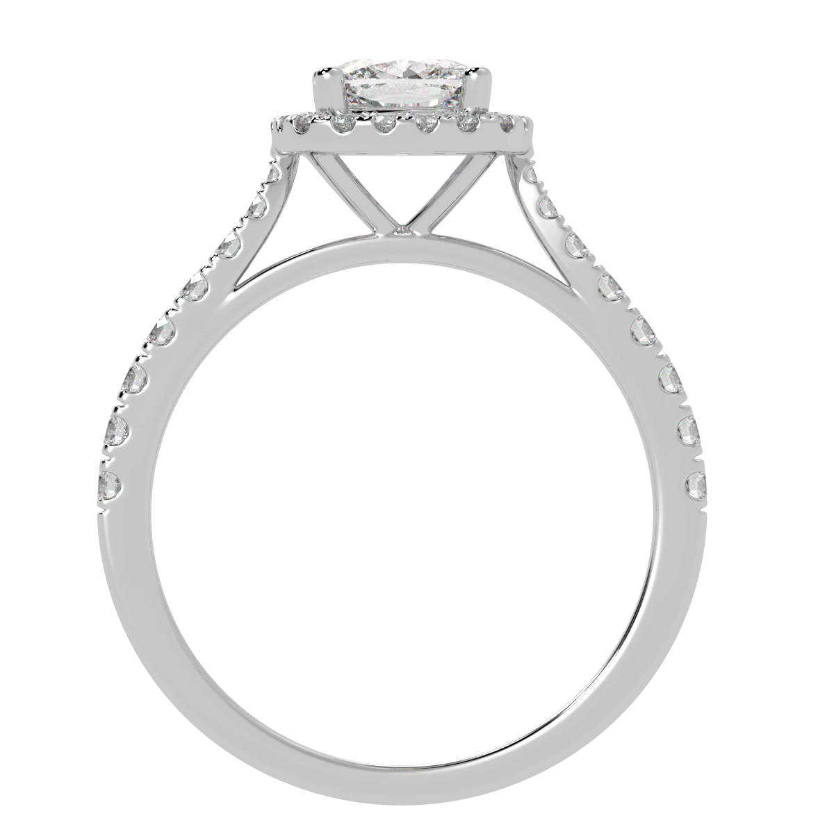 Classic Cushion Cut Halo Ring in white gold or platinum, flat view