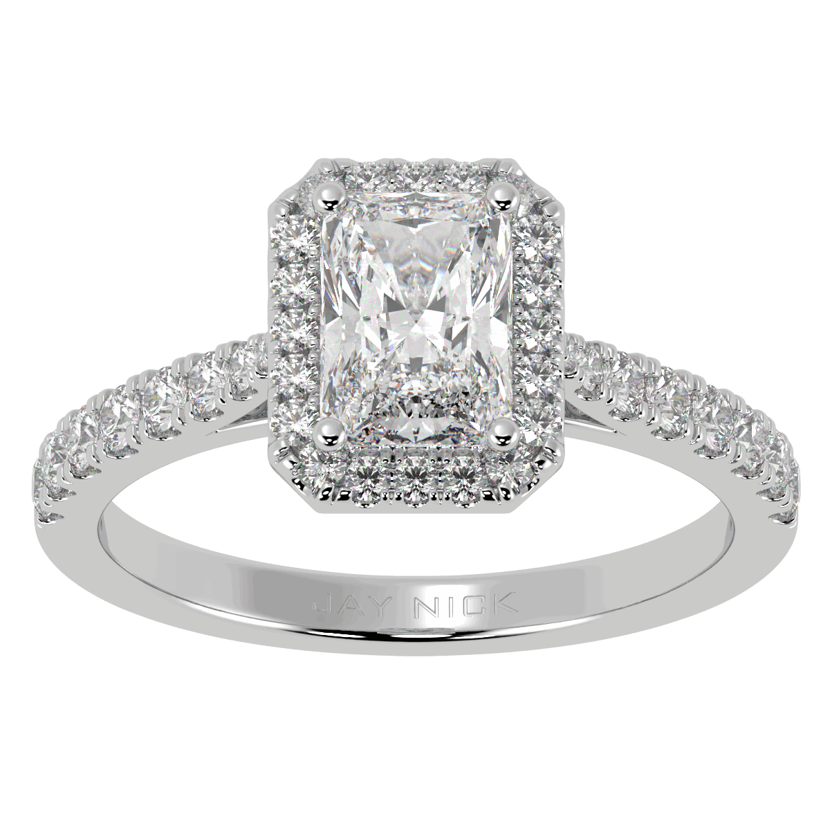 Classic Radiant Cut Halo Ring in white gold or platinum, top view