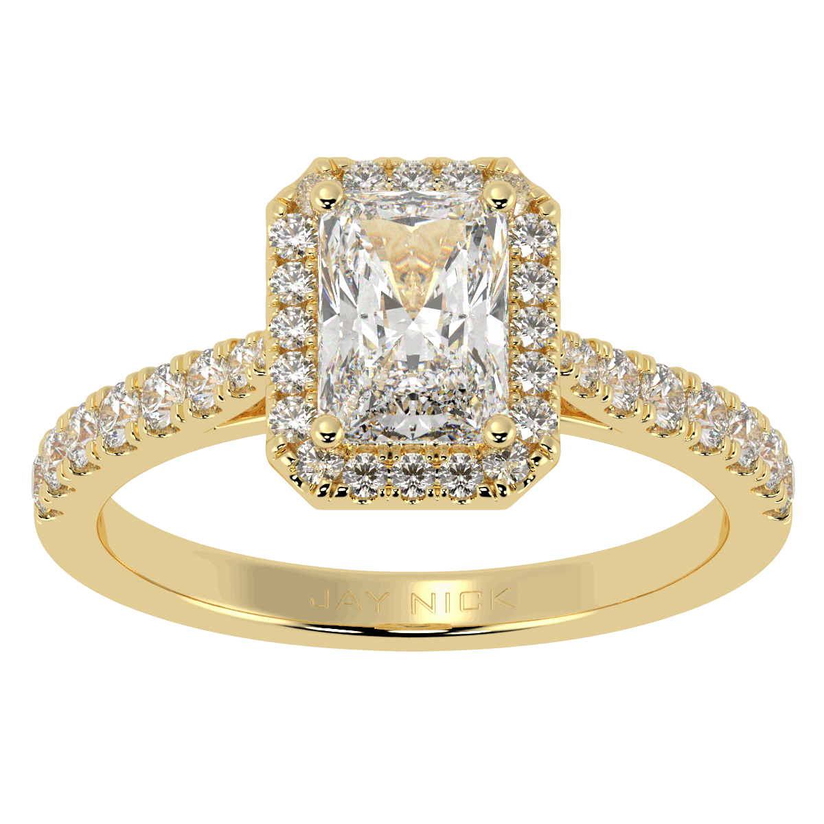 Classic Radiant Cut Halo Ring in yellow gold, top view