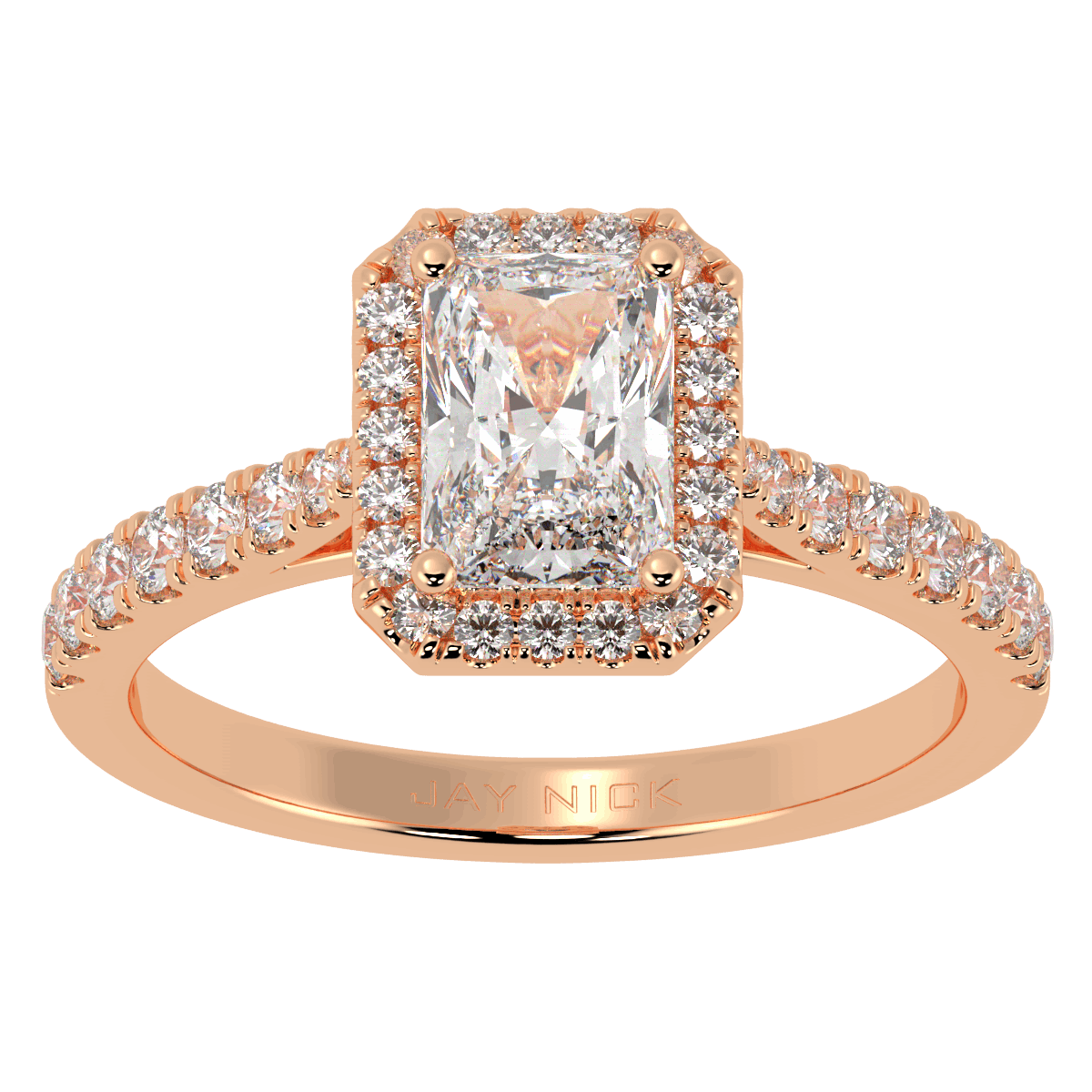Classic Radiant Cut Halo Ring in rose gold, top view