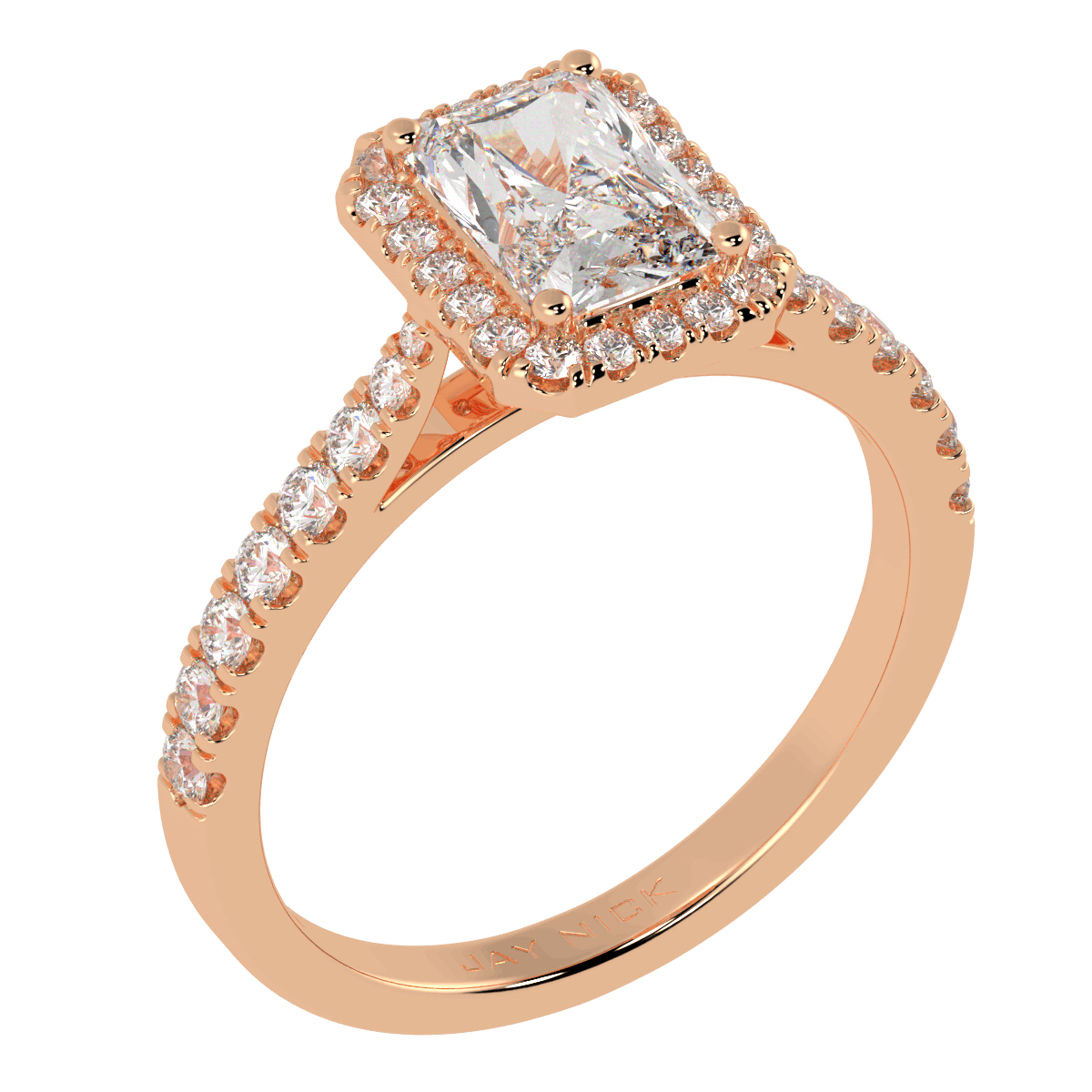 Classic Radiant Cut Halo Ring in rose gold, perspective view
