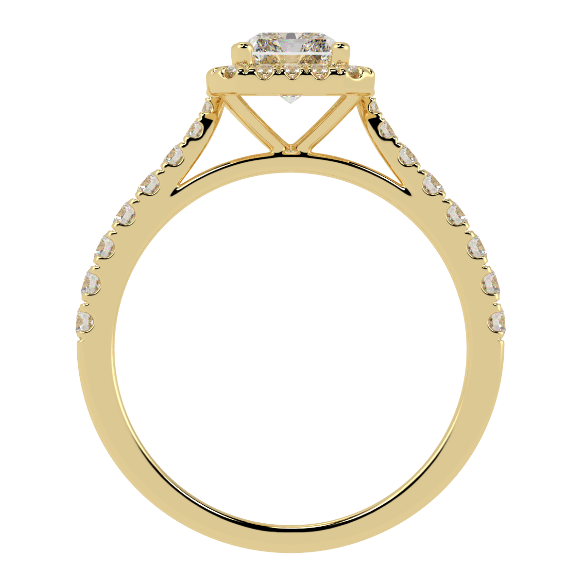 Classic Radiant Cut Halo Ring in yellow gold, flat view
