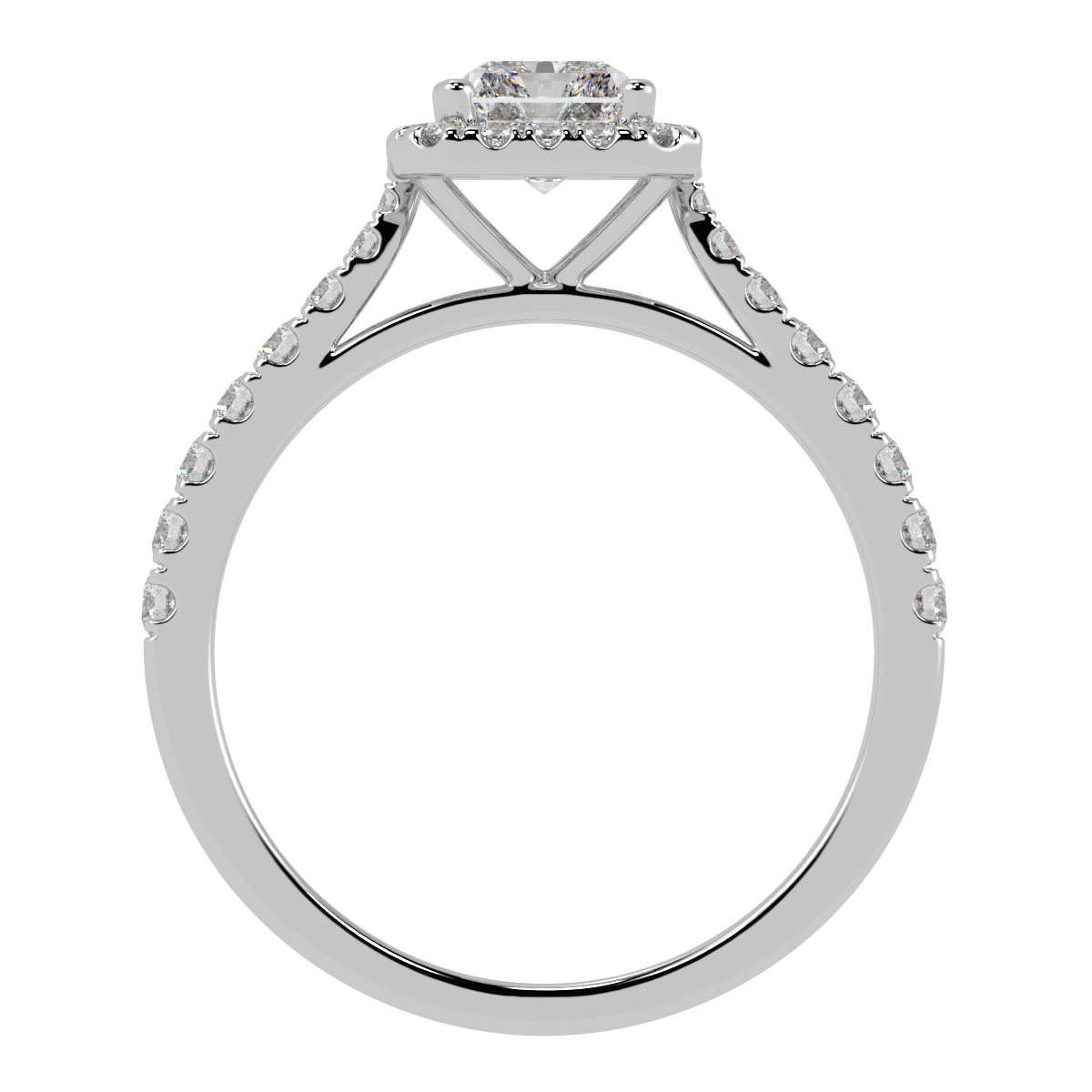 Classic Radiant Cut Halo Ring in white gold or platinum, flat view