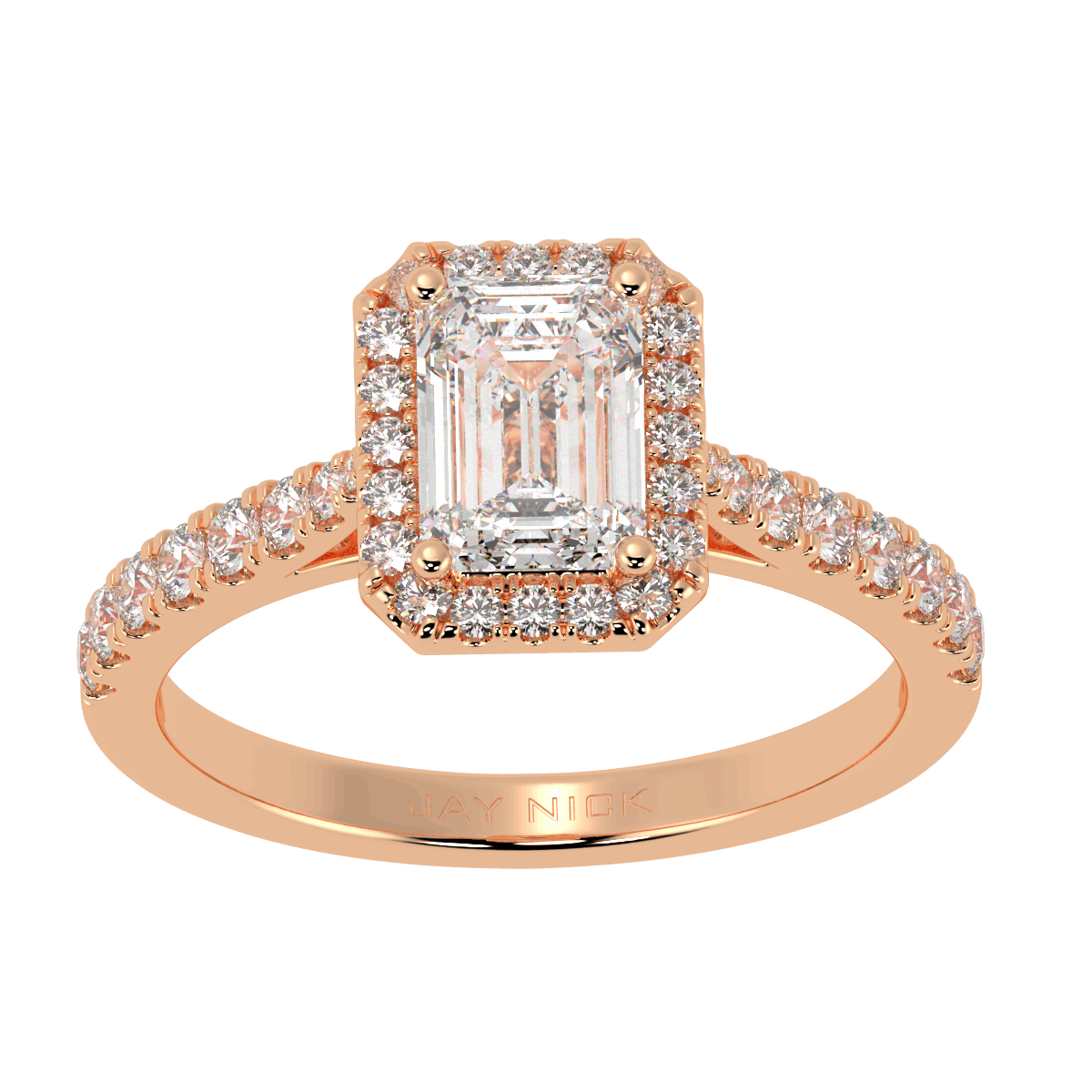Classic Emerald Cut Halo Ring in rose gold, top view
