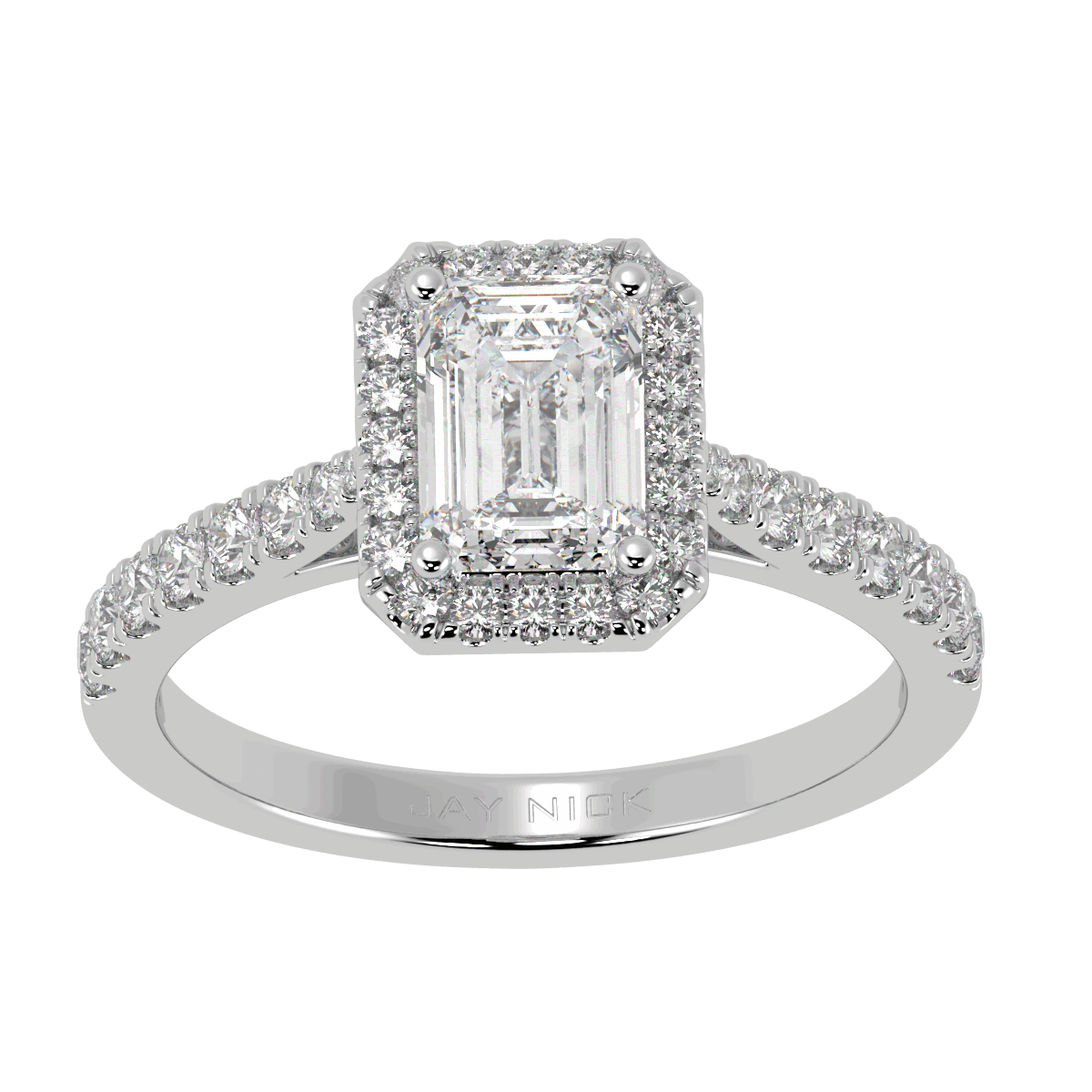 Classic Emerald Cut Halo Ring in white gold or platinum, top view