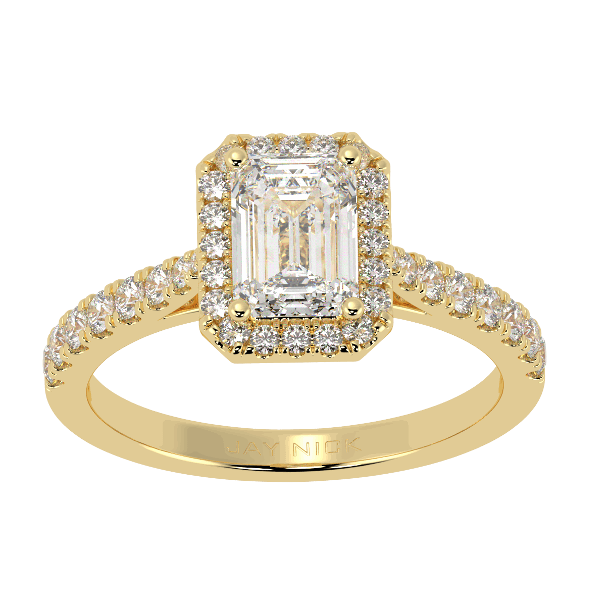 Classic Emerald Cut Halo Ring in yellow gold, top view