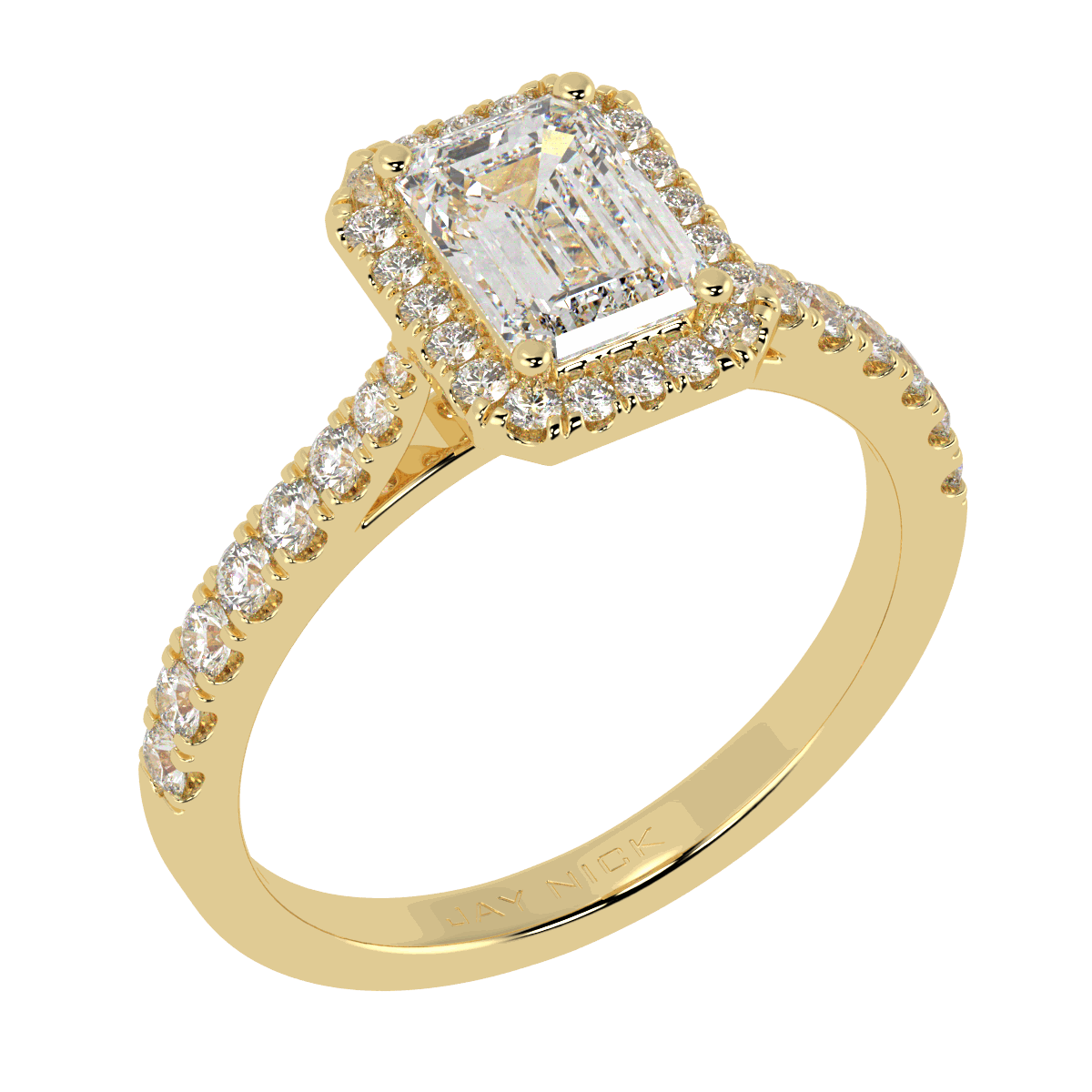 Classic Emerald Cut Halo Ring in yellow gold, perspective view