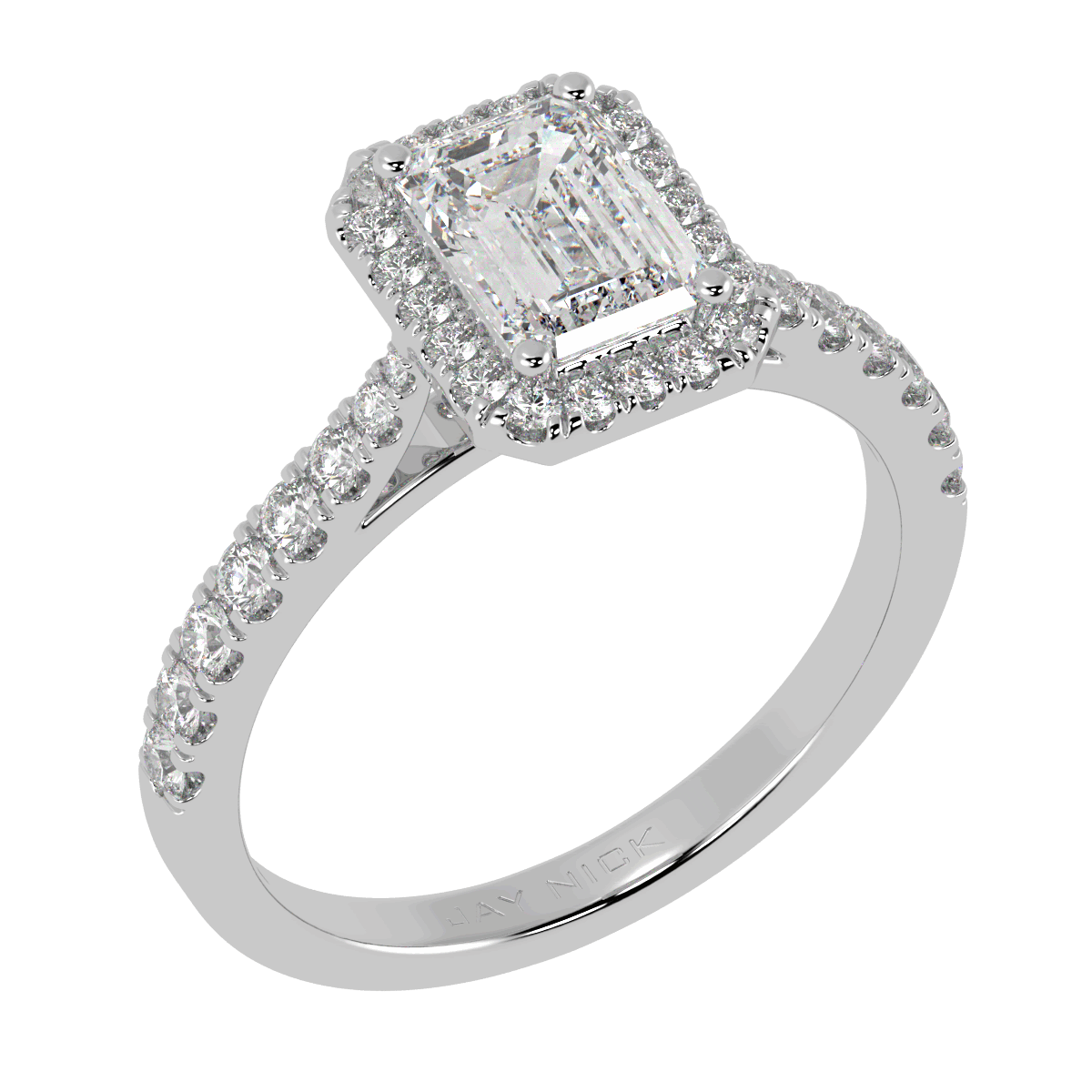 Classic Emerald Cut Halo Ring in white gold or platinum, perspective view