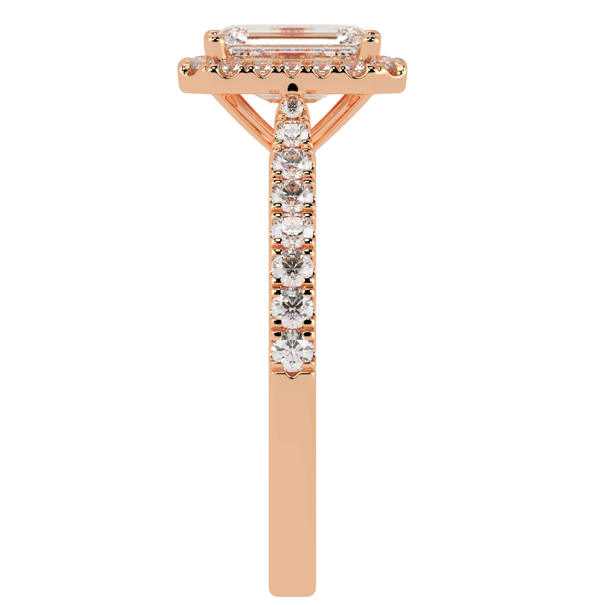 Classic Emerald Cut Halo Ring in rose gold, side view