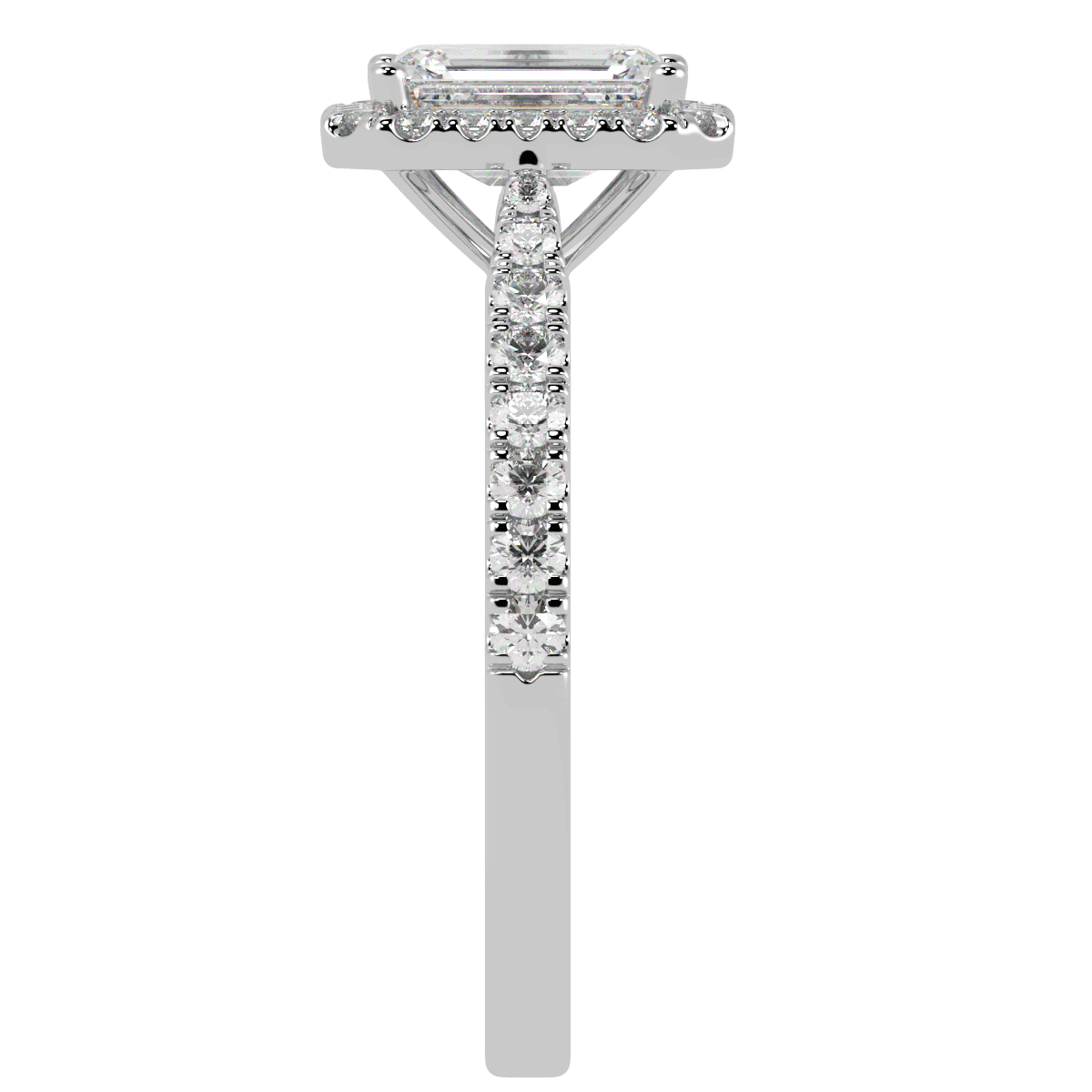 Classic Emerald Cut Halo Ring in white gold or platinum, side view