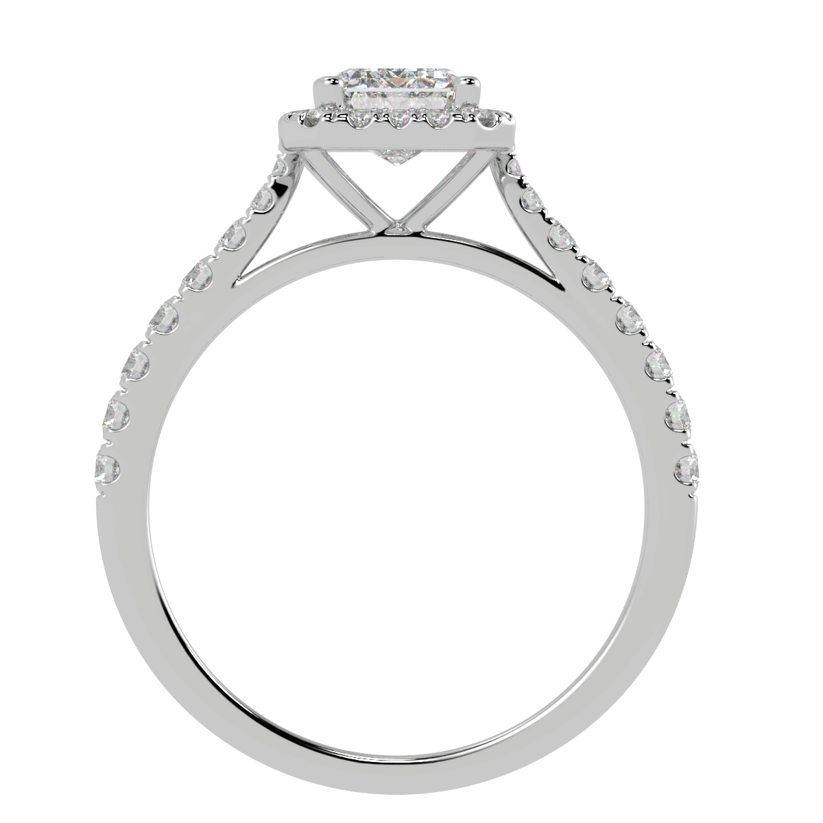 Classic Emerald Cut Halo Ring in white gold or platinum, flat view