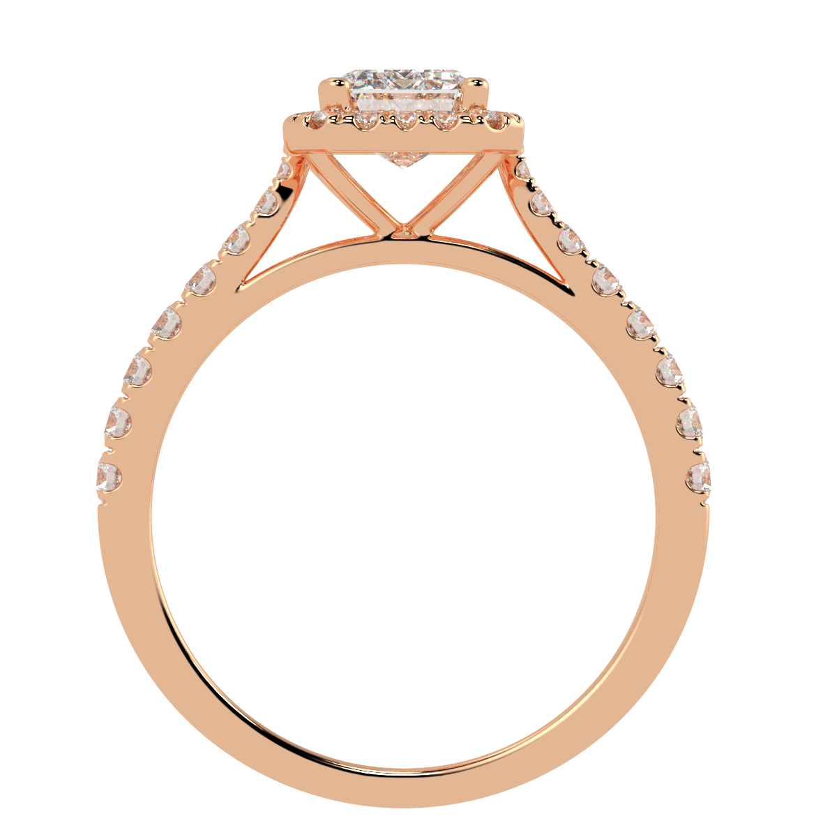 Classic Emerald Cut Halo Ring in rose gold, flat view