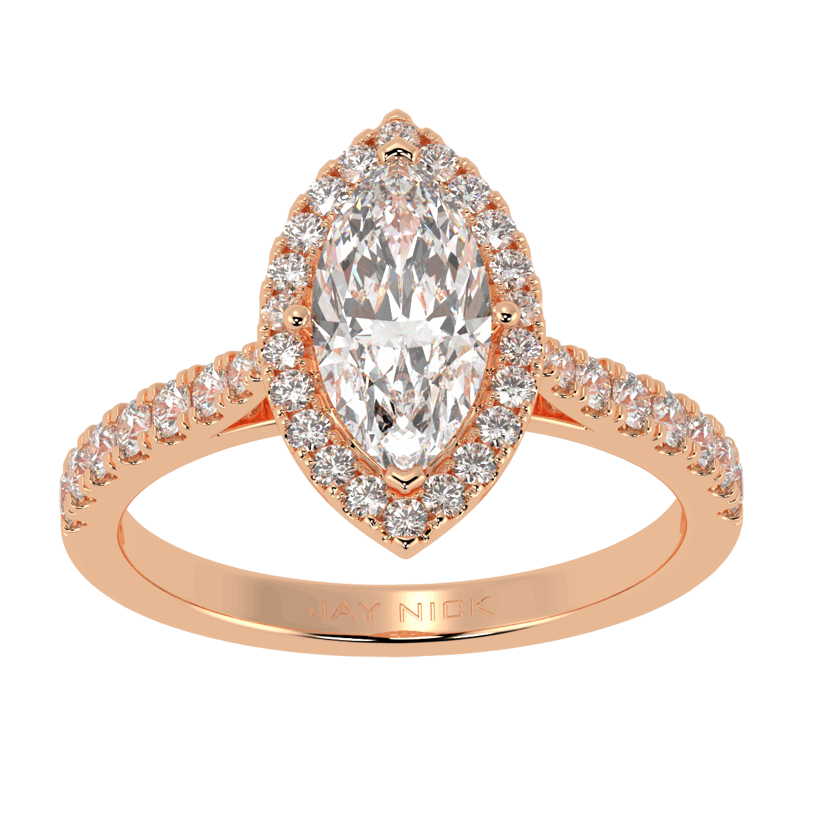 Classic Marquise Cut Halo Ring in rose gold, top view