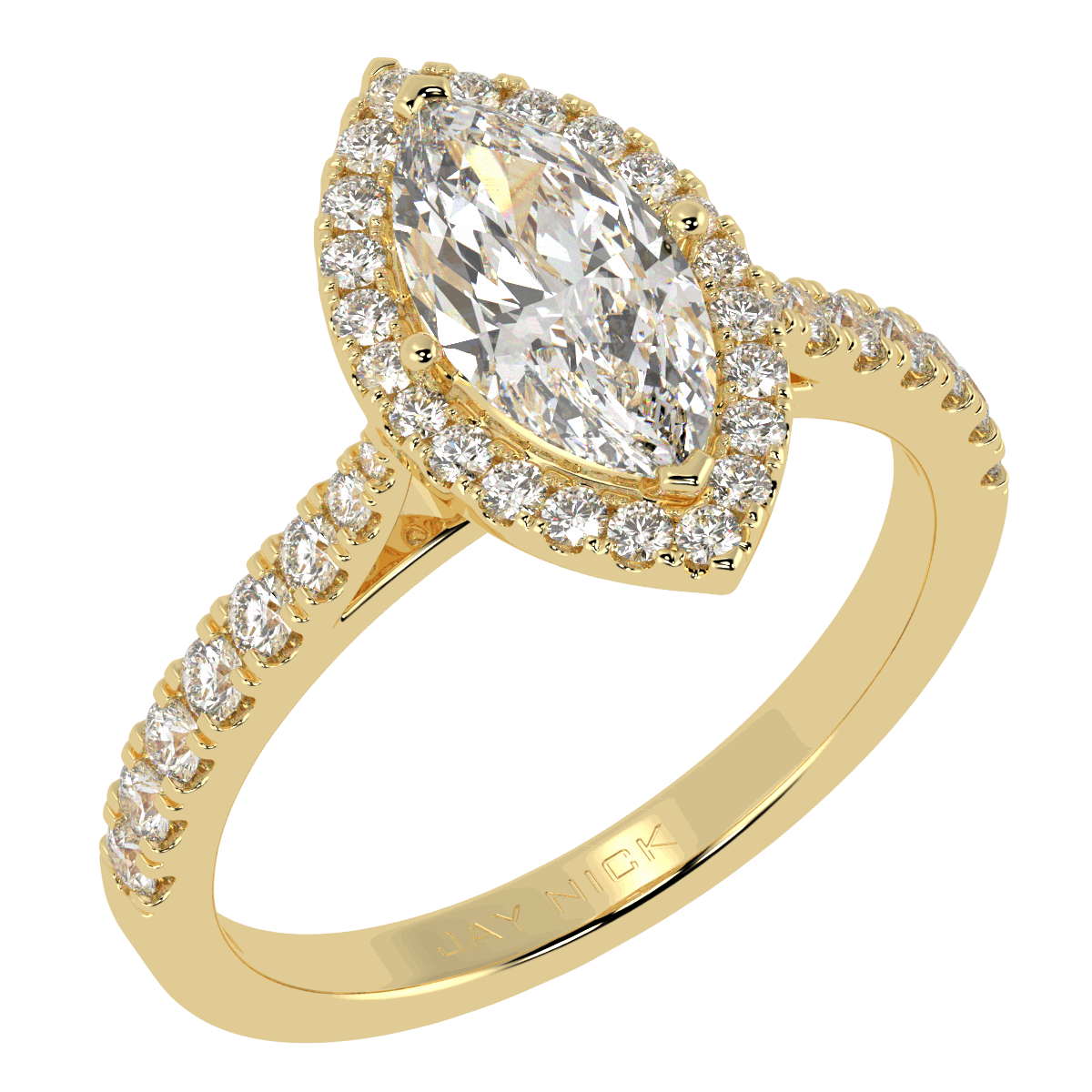 Classic Marquise Cut Halo Ring in yellow gold, perspective view