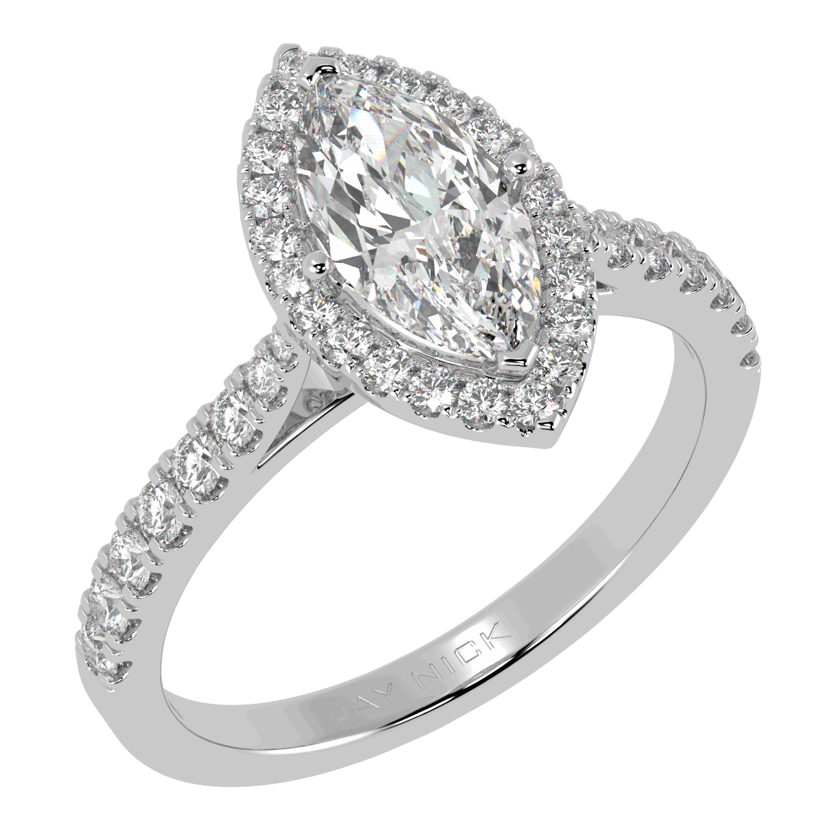 Classic Marquise Cut Halo Ring in white gold or platinum, perspective view