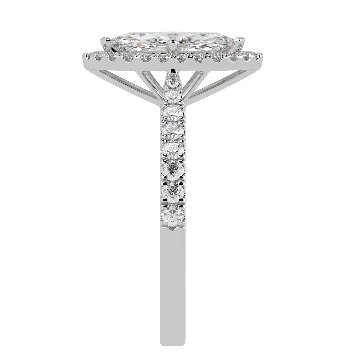 Classic Marquise Cut Halo Ring in white gold or platinum, side view