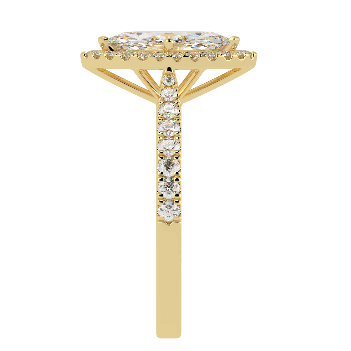 Classic Marquise Cut Halo Ring in yellow gold, side view