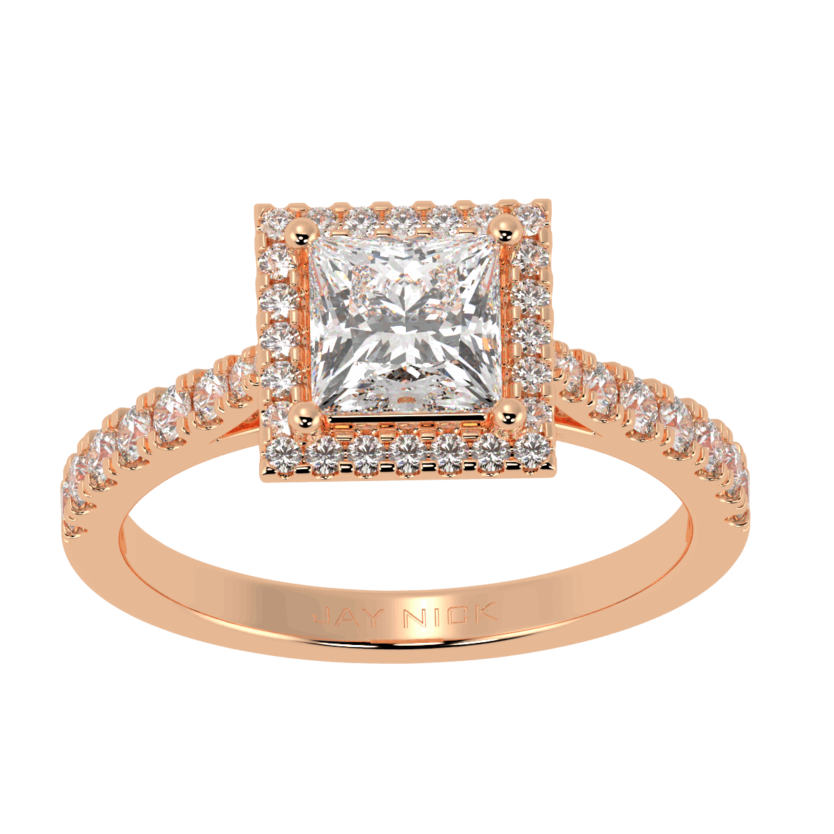 Classic Princess Cut Halo Ring in rose gold, top view
