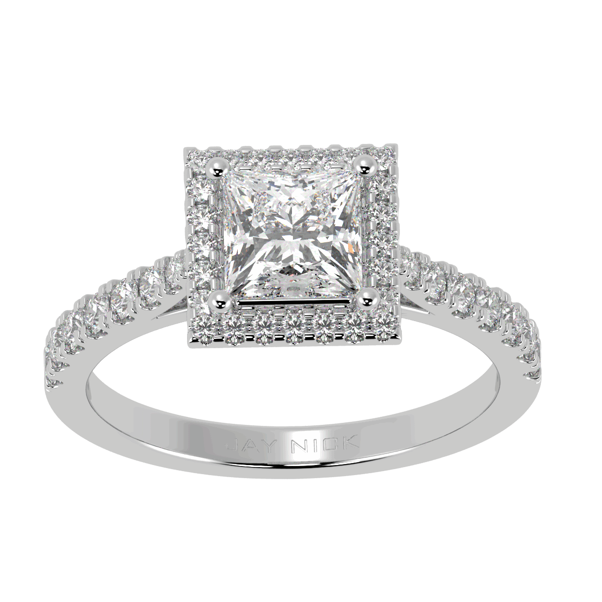Classic Princess Cut Halo Ring in white gold or platinum, top view