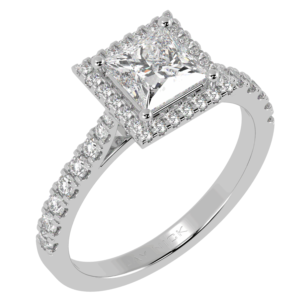 Classic Princess Cut Halo Ring in white gold or platinum, perspective view