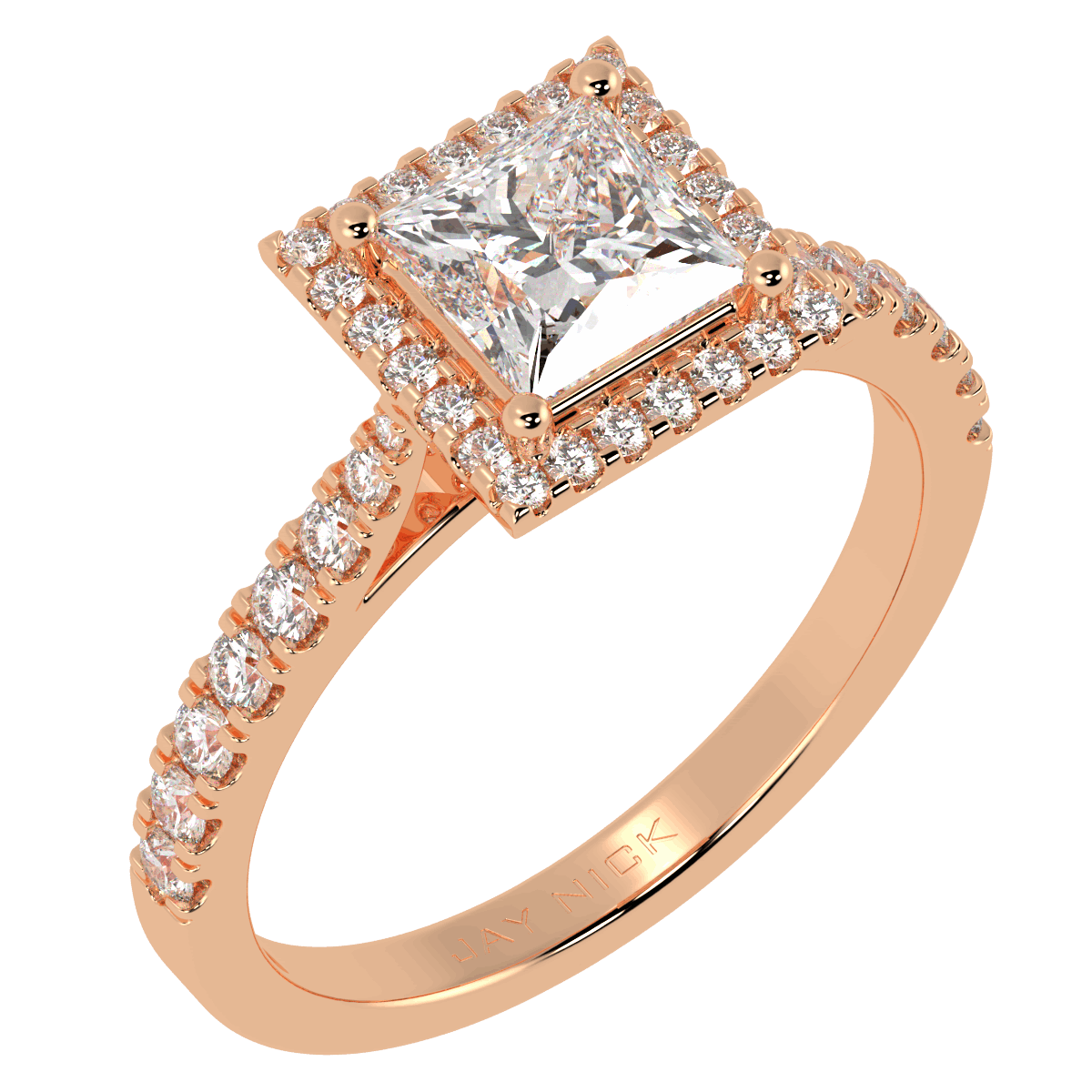 Classic Princess Cut Halo Ring in rose gold, perspective view