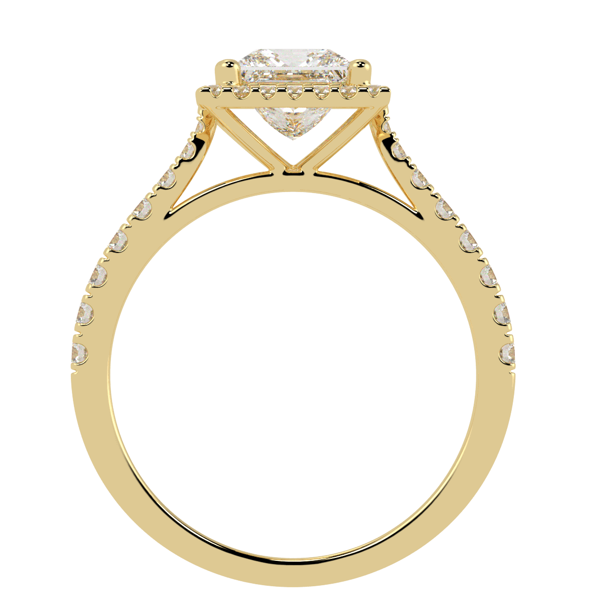 Classic Princess Cut Halo Ring in yellow gold, flat view