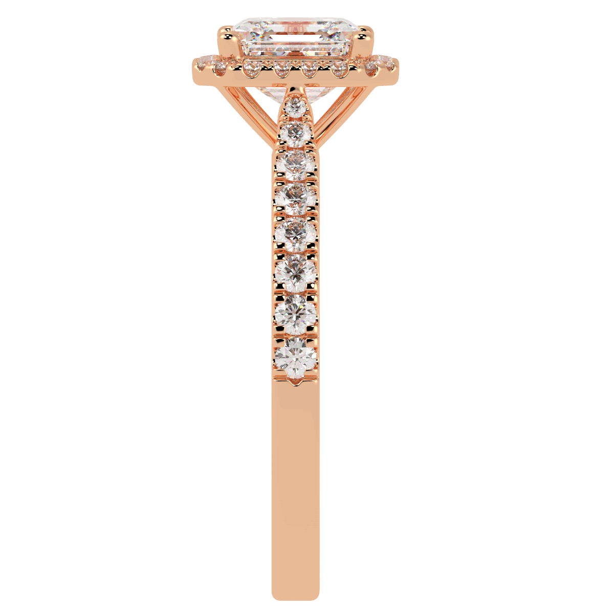 Classic Asscher Cut Halo Ring in rose gold, side view