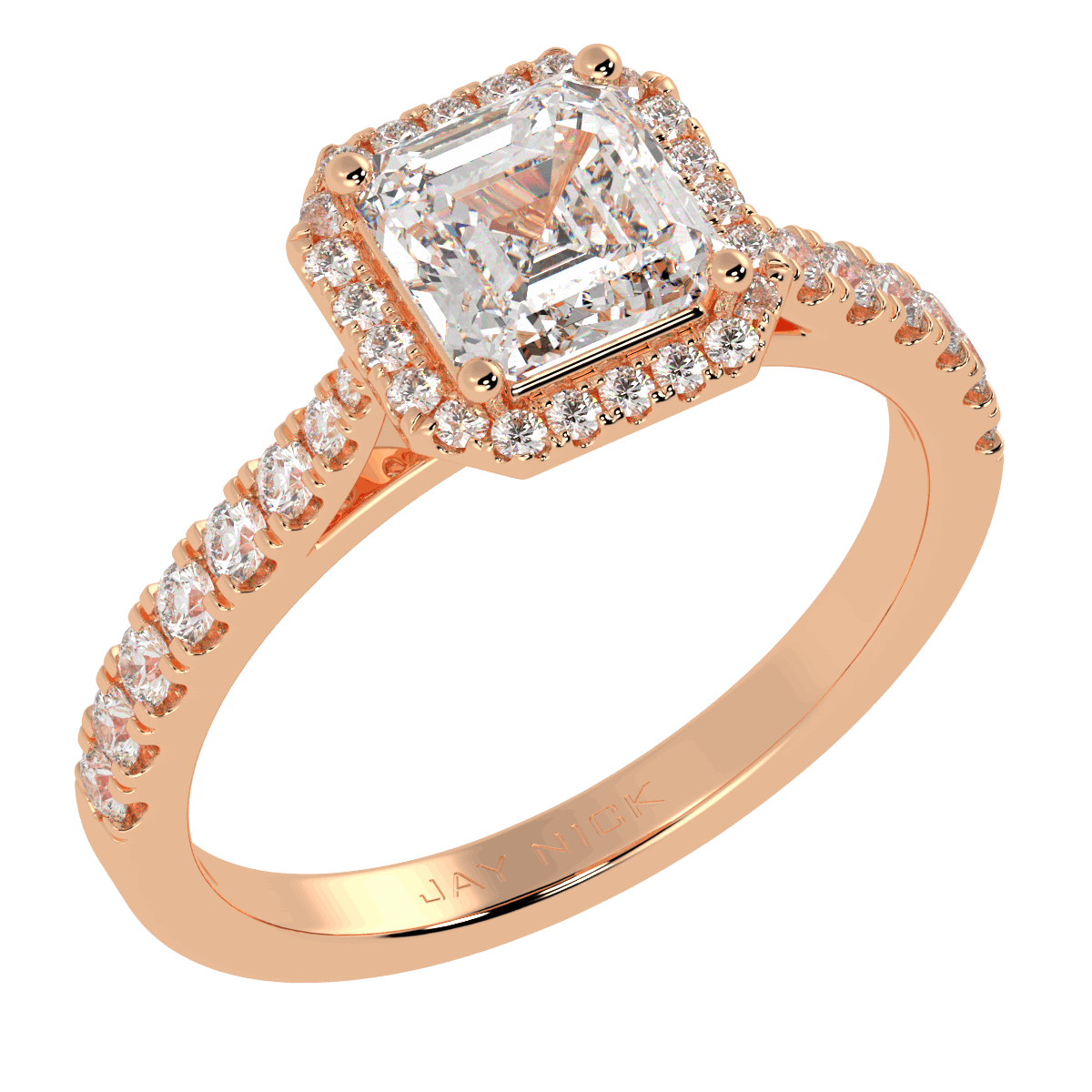Classic Asscher Cut Halo Ring in rose gold, perspective view