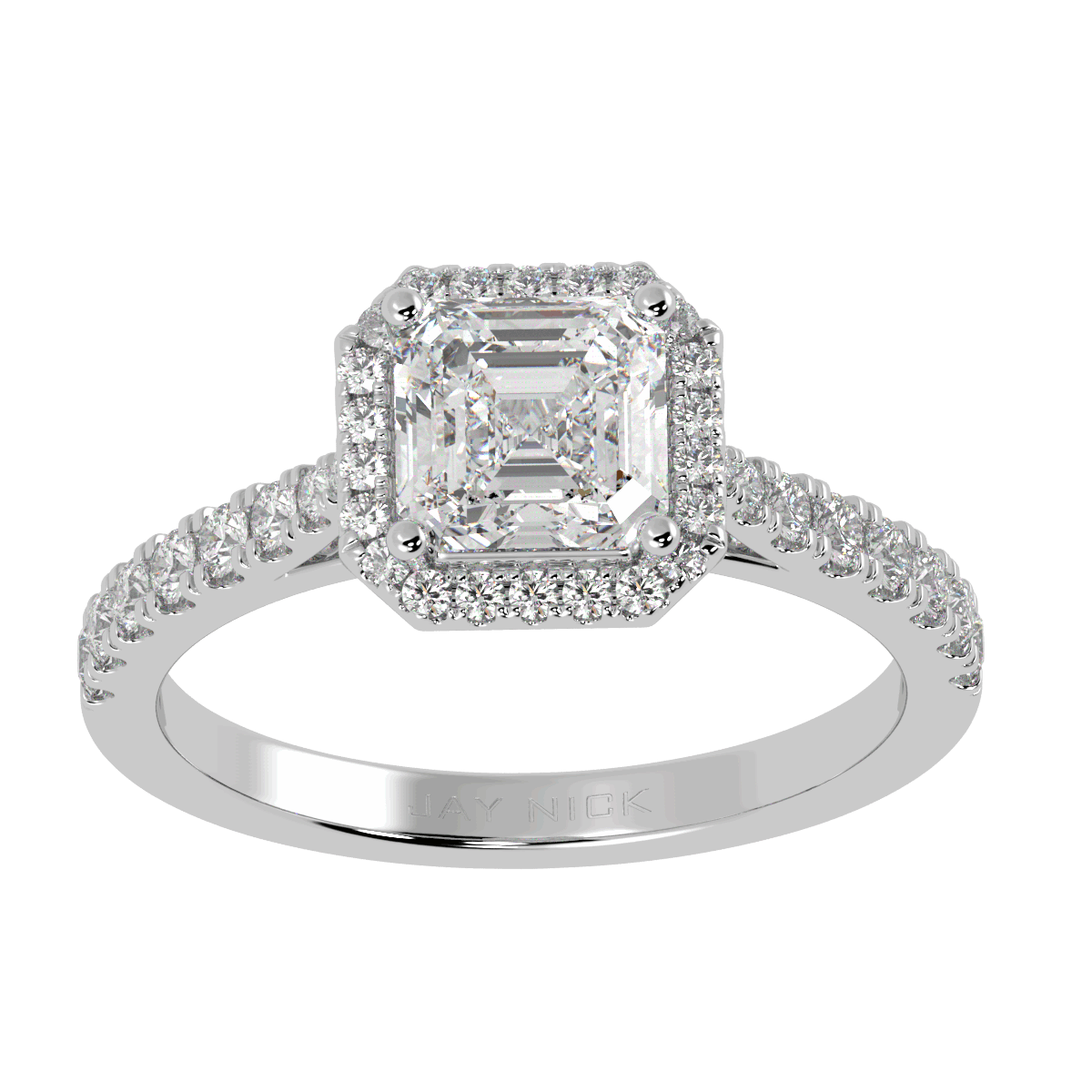 Classic Asscher Cut Halo Ring in white gold or platinum, top view