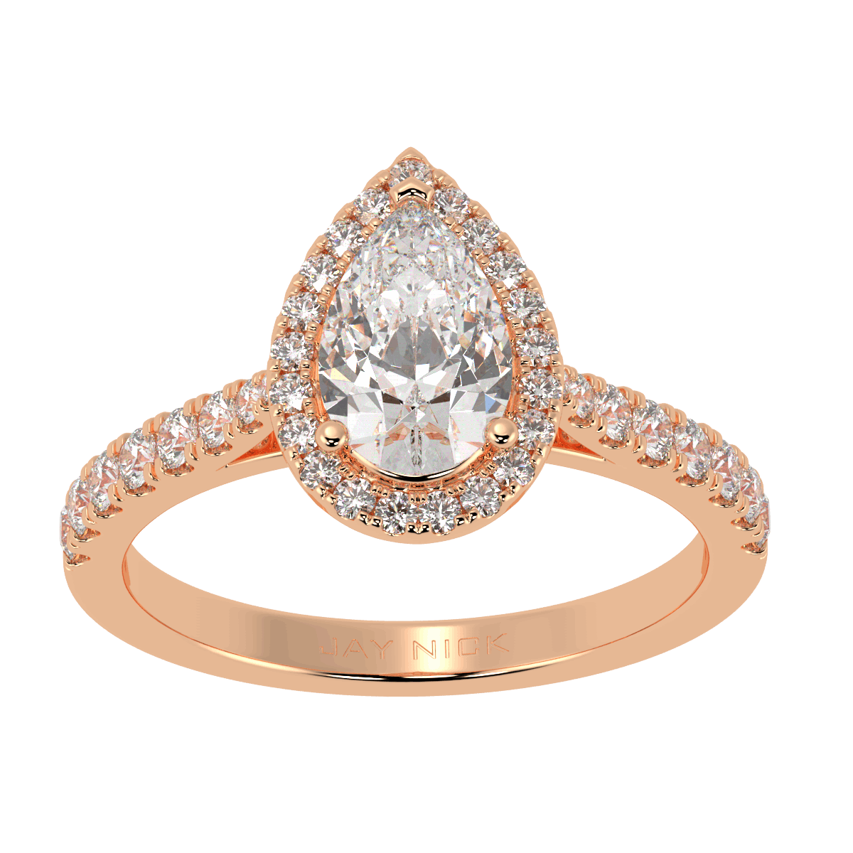 Classic Pear Cut Halo Ring in rose gold, top view