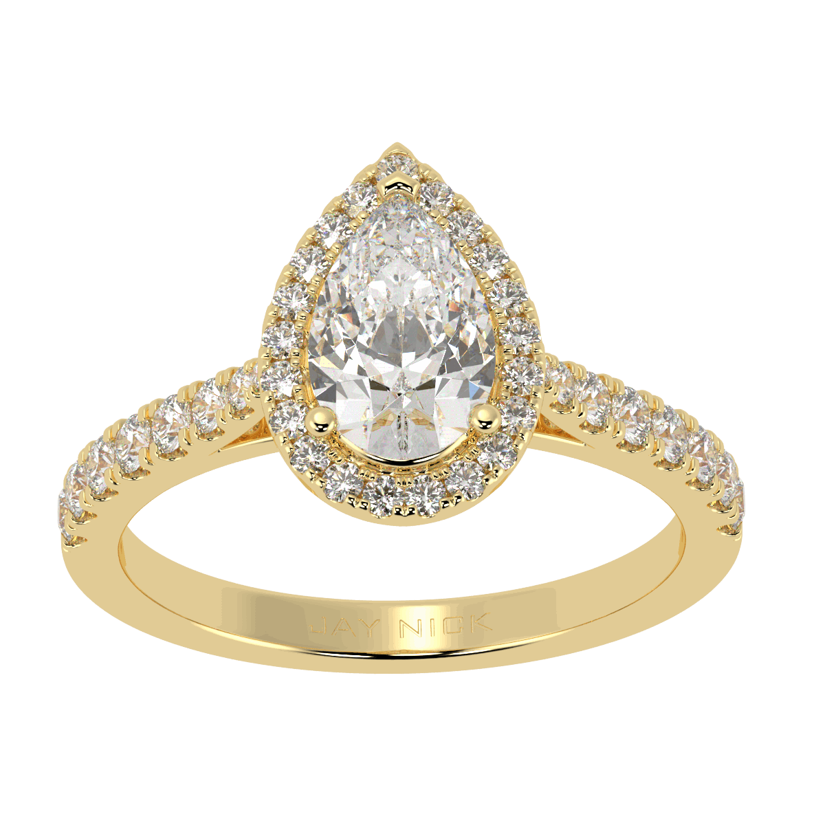 Classic Pear Cut Halo Ring in yellow gold, top view