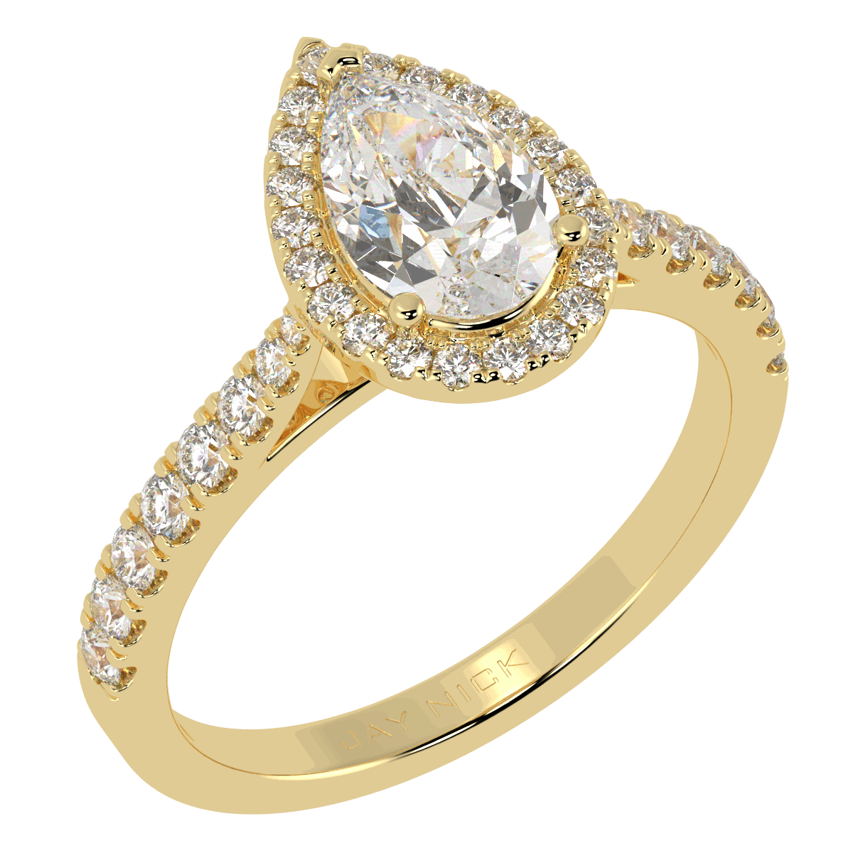 Classic Pear Cut Halo Ring in yellow gold, perspective view
