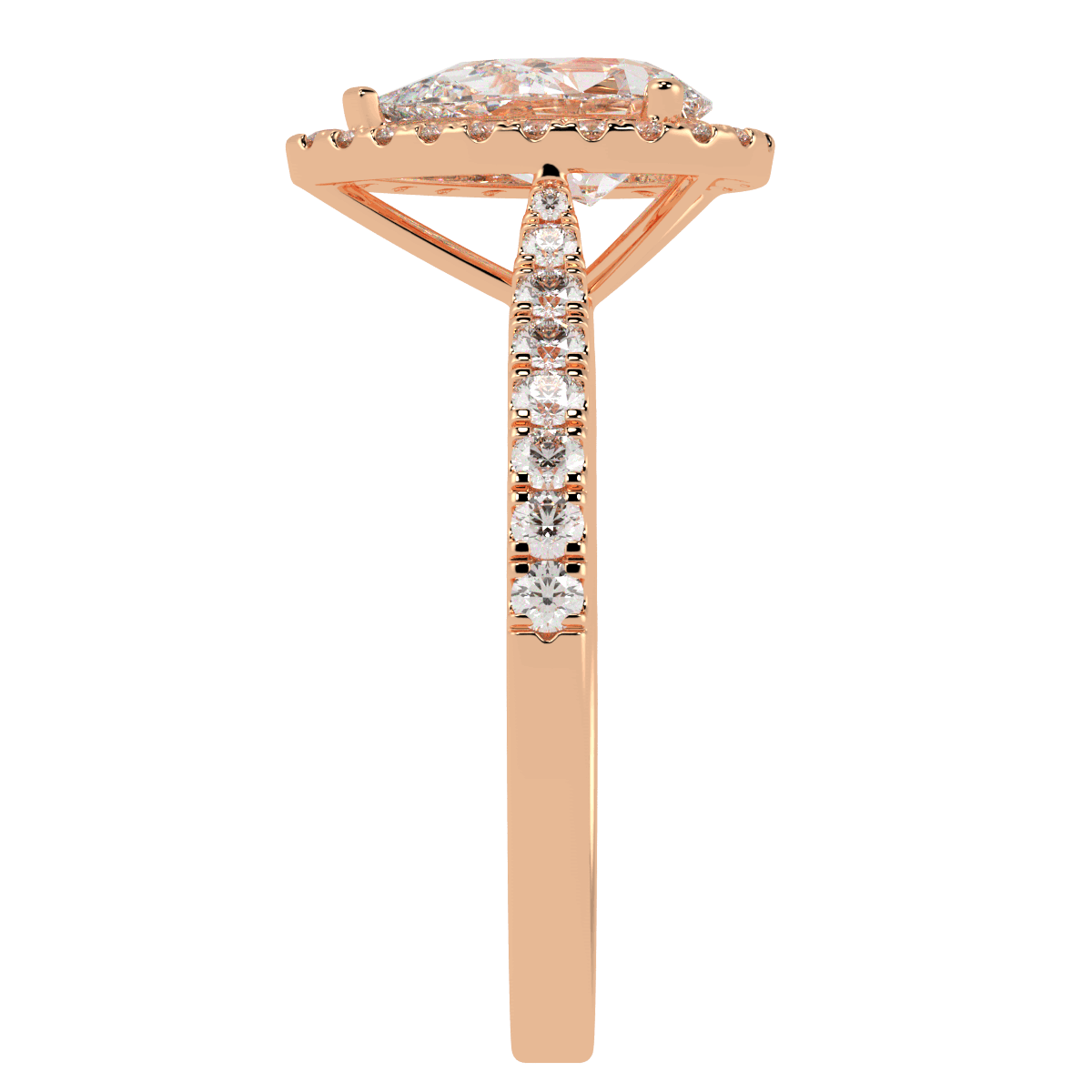Classic Pear Cut Halo Ring in rose gold, side view