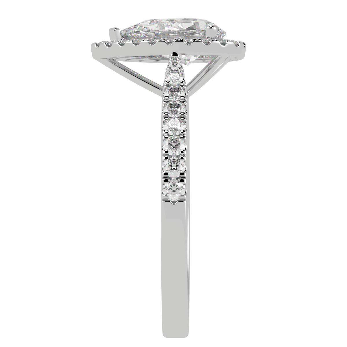 Classic Pear Cut Halo Ring in white gold or platinum, side view