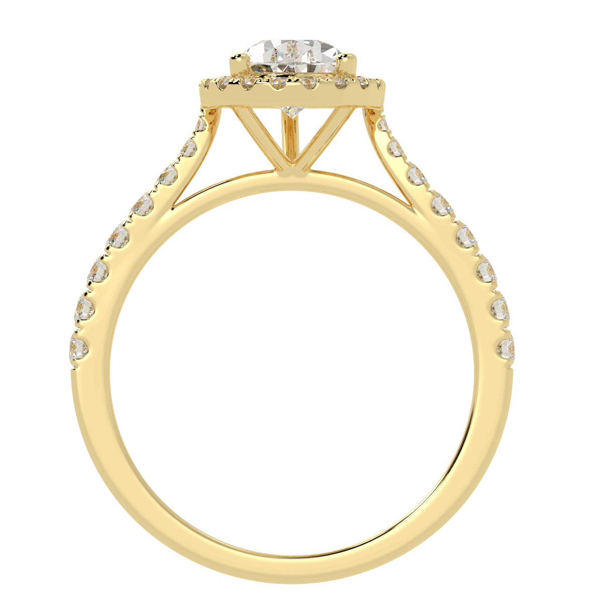 Classic Pear Cut Halo Ring in yellow gold, flat view