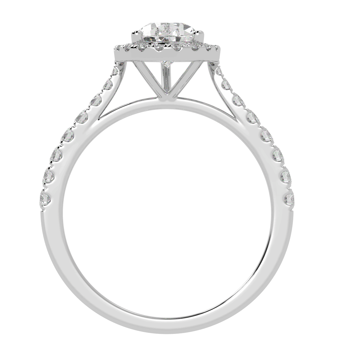 Classic Pear Cut Halo Ring in white gold or platinum, flat view
