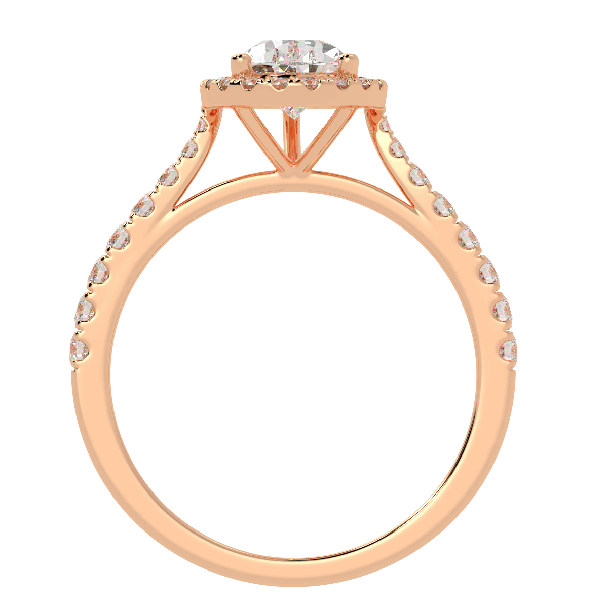 Classic Pear Cut Halo Ring in rose gold, flat view