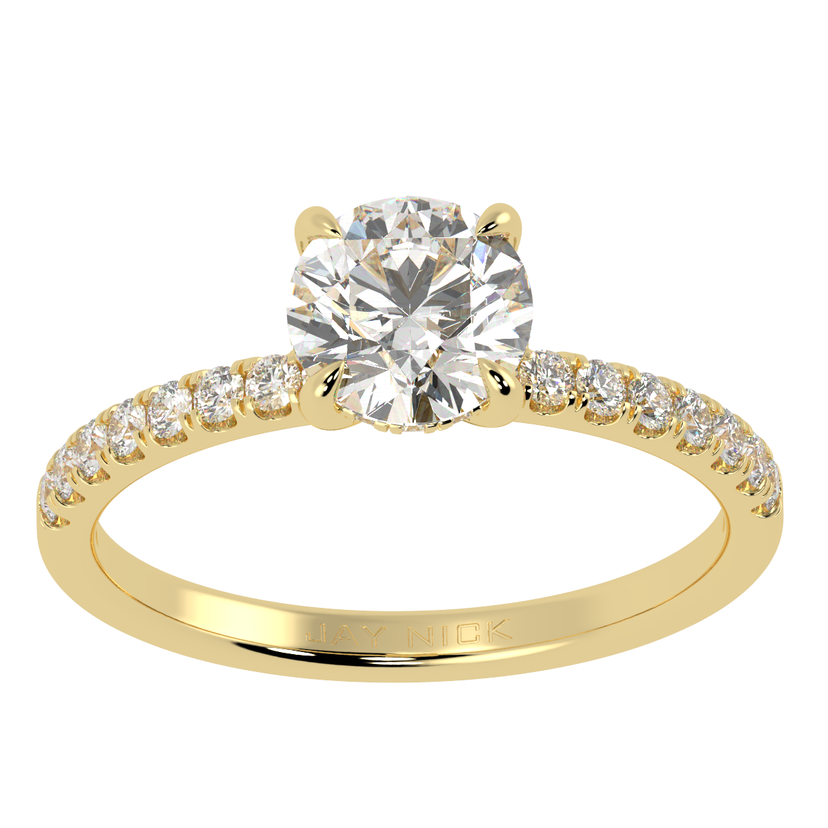 Round Cut Studded Hidden Halo Ring in yellow gold, top view