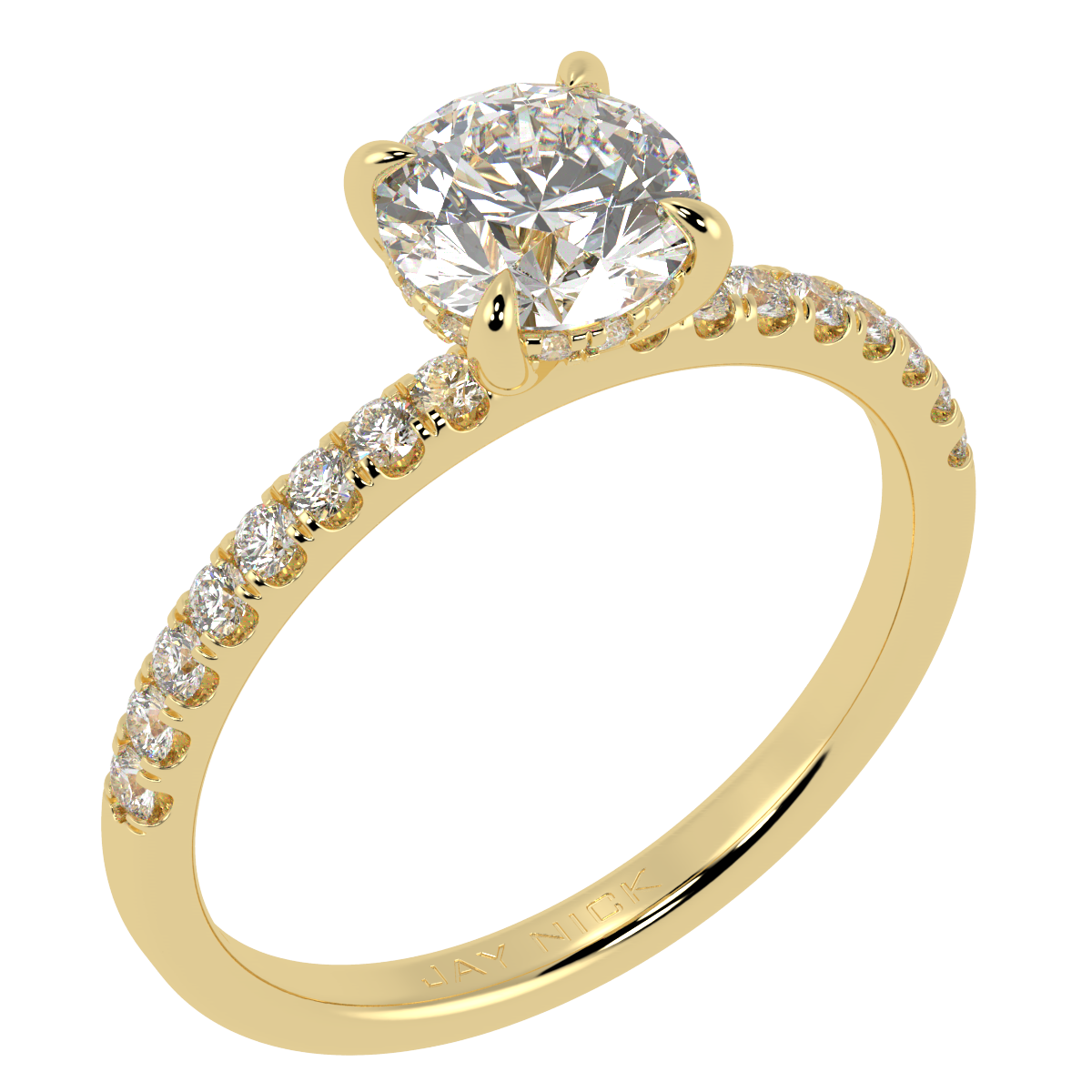Round Cut Studded Hidden Halo Ring in yellow gold, perspective view