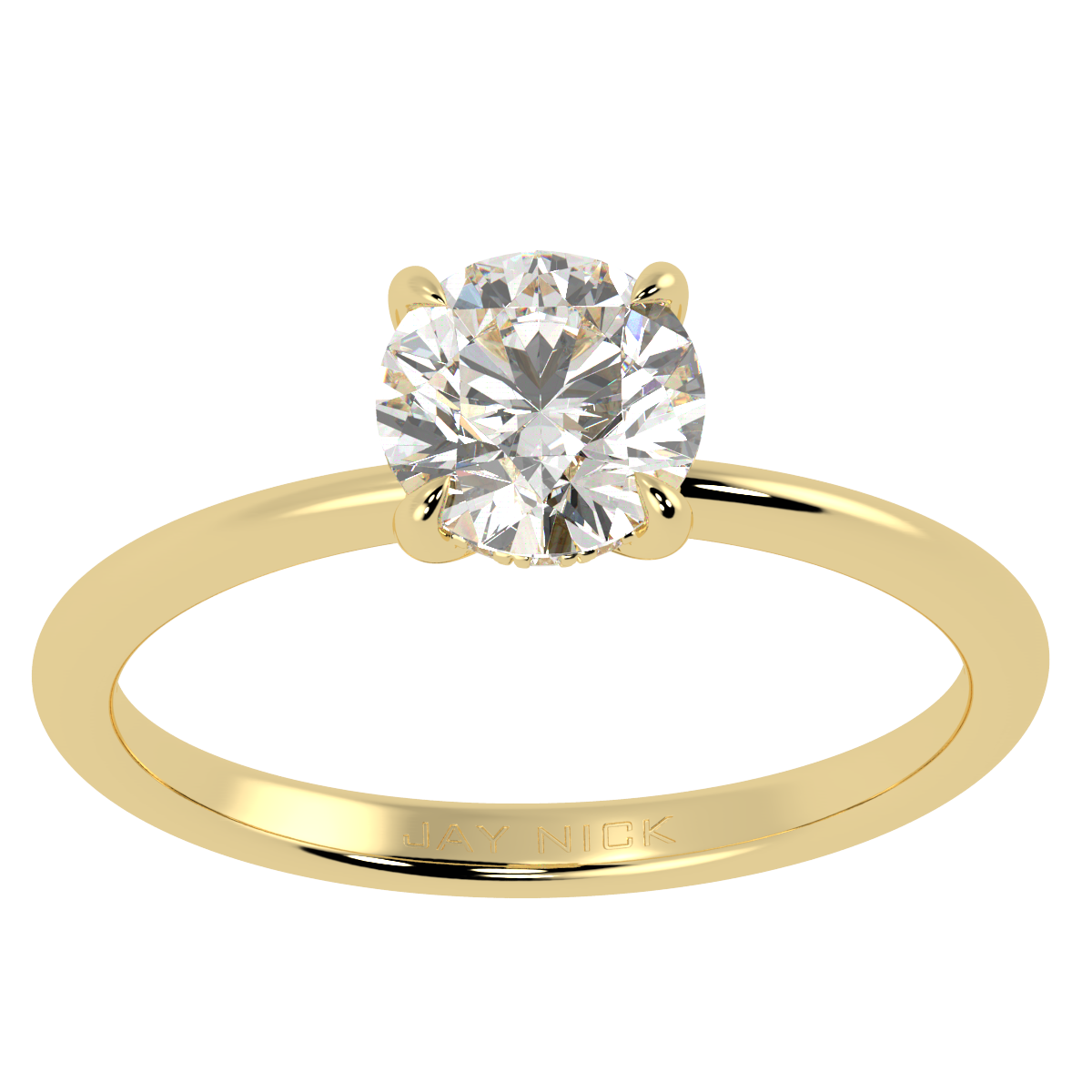 Round Cut Hidden Halo Ring in yellow gold, top view