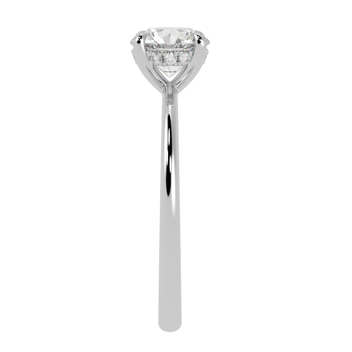 Round Cut Hidden Halo Ring in white gold or platinum, side view