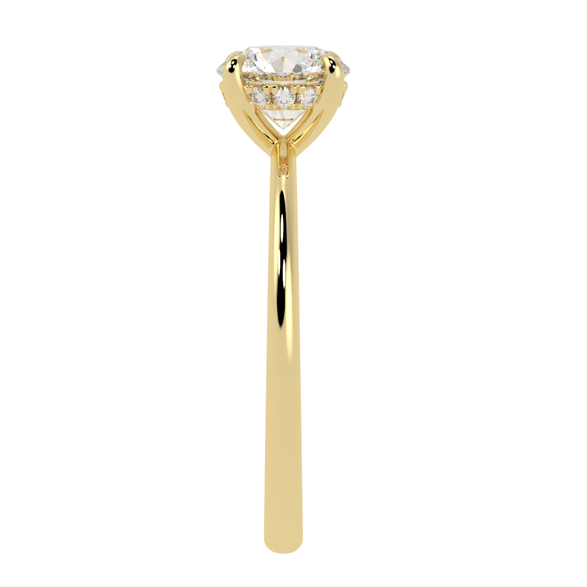 Round Cut Hidden Halo Ring in yellow gold, side view