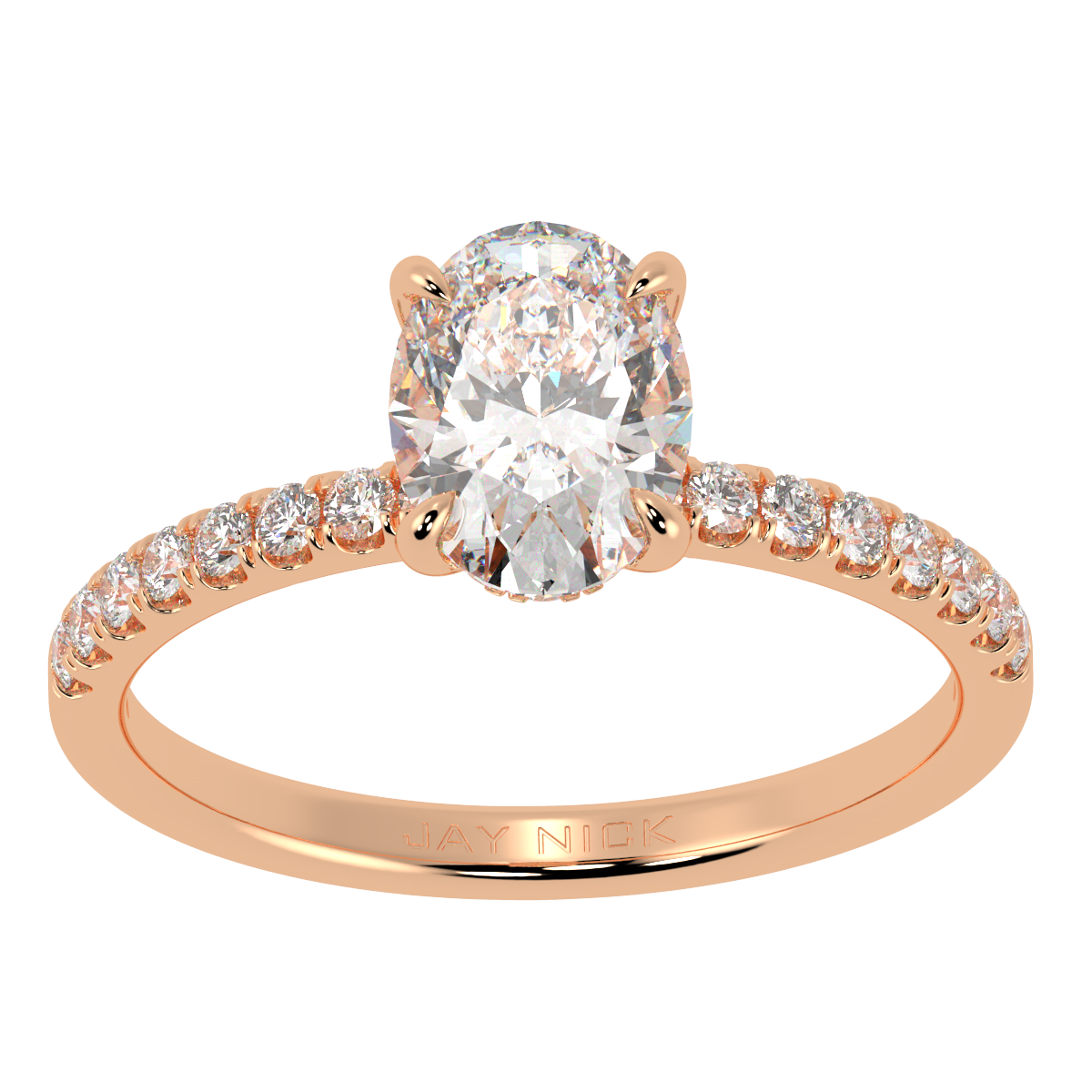 Oval Cut Studded Hidden Halo Ring in rose gold, top view