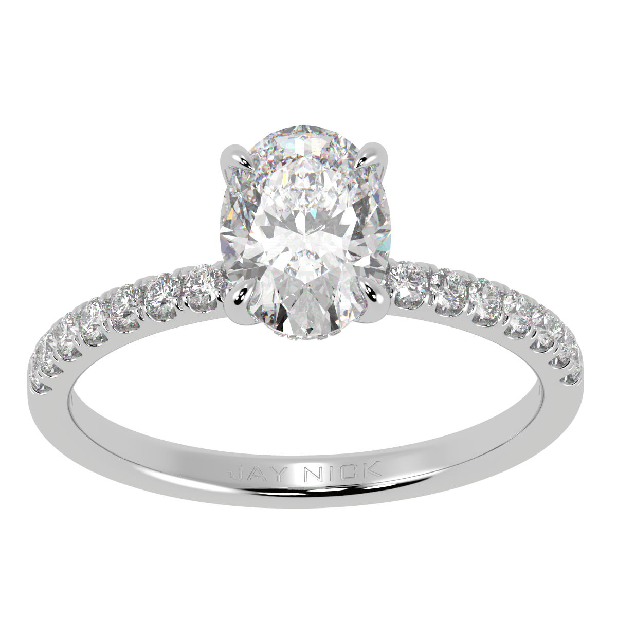 Oval Cut Studded Hidden Halo Ring in white gold or platinum, top view